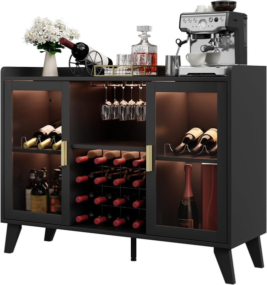47" Wine Cabinet with LED Light, Living Room Compact Wine Bottle Storage for Home, Wine Bar Cabinet with Glasses Rack, Cabinet with Storage for Home, Kitchen, and Living Room