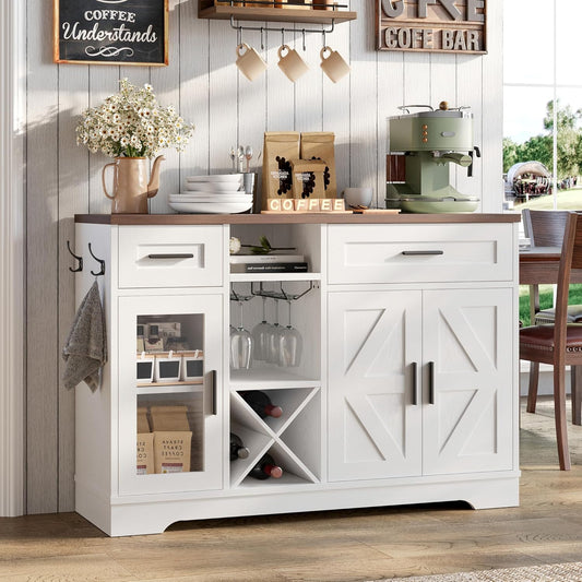 ANCTOR Coffee Bar Wine Cabinet, 47.3" Farmhouse Coffee Bar Cabinet with Glass Holders, Wine Bar Cabinet with 2 Drawers, Racks for Liquor, Wooden Sideboard for Dining Room, Living Room, White